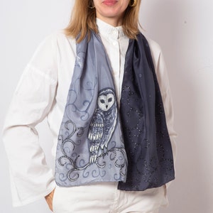 Owl Scarf Hand Painted Silk Scarf Owl Shawl Ombre Grey Silk Scarf Bird Scarf Pure Silk Scarf Owl Print Scarf Owl Gift Bird Lover Gifts 53X14