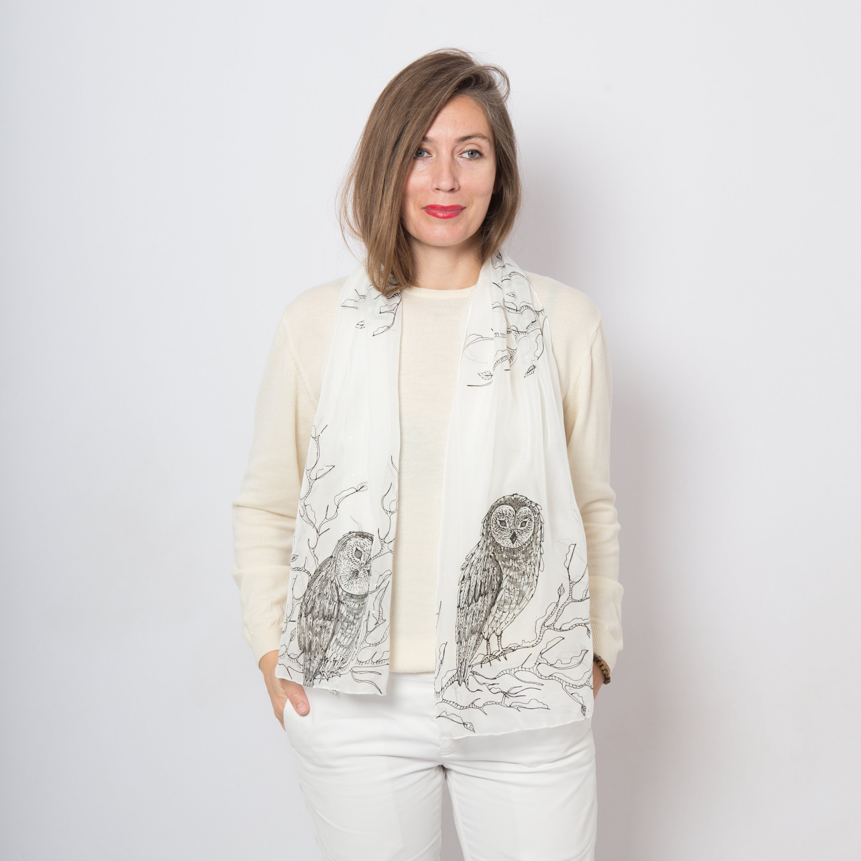Hand Painted Owl White Silk Chiffon Scarf Bird Shawl Owl Gift 57X 17