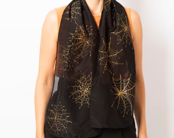 Spider Web Print Scarf Hand Painted Silk Scarf Black Cotton Silk Scarf Halloween Scarf Spider Web Spider Print Scarf Spring Scarf Gift 55X11