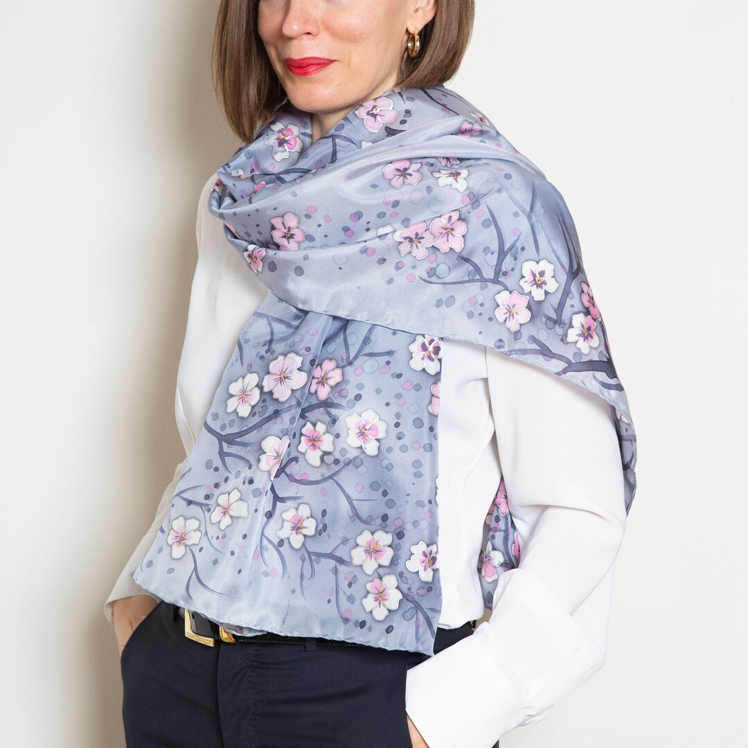 Hand Painted Cherry Blossom Silk Scarf Grey Floral Shawl Mom Gift 69X22 ...