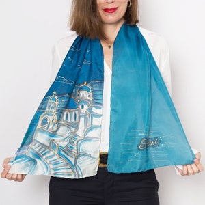 Santorini Hand Painted Silk Scarf Santorini Print Greece Blue Silk Scarf Travel Scarf Summer Scarf Wife Gift Anniversary Gift 53X14