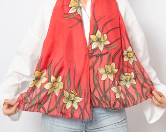 Floral Silk Scarf Hand Painted Daffodil Scarf Red Silk Scarf Daffodil Gifts Mother Day Gift Floral Scarf Silk Head Scarf Spring Scarf 53X14