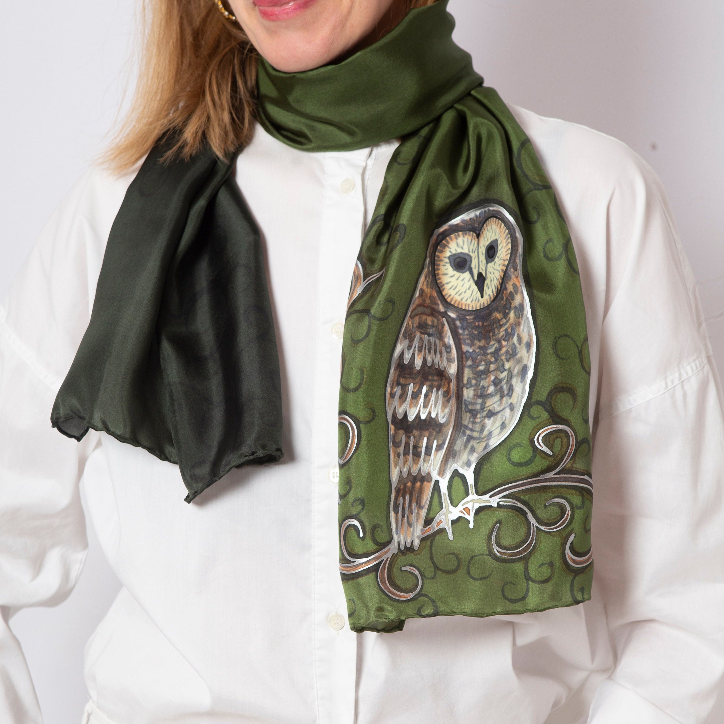 Owl Hand Painted Green Silk Scarf Bird Print Owl Lover Gift 53X14