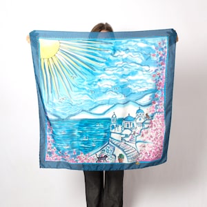 Santorini Hand Painted Silk Scarf Greece Santorini Wedding Large Silk Square Scarf Summer Travel Scarf Wife Gift Anniversary Gift 35X35