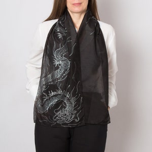 Dragon Print Hand Painted Silk Scarf Black Silver Scarf Dragon Print Pure Silk Scarf Birthday Gift Dragon Lover Gifts Dragon Gift 58X12