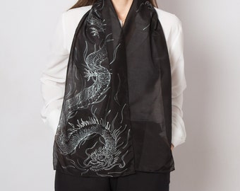 Dragon Scarf Hand Painted Silk Scarf Year of Dragon Black Silver Scarf Dragon Print Pure Silk Scarf Mother Day Gift  Dragon Gifts 58X12
