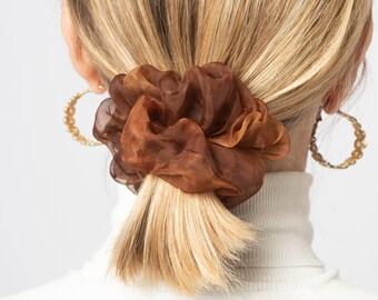 Elegant Brown Silk Organza Scrunchie Spring Scrunchie Brown Skinny Silk Scrunchie Hair Tie Hair Accessories Gift for Her