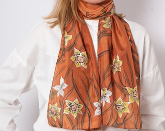 Daffodil Hand Painted Silk Scarf Daffodil Scarf Brown Floral Silk Scarf Daffodil Gifts Mother Day Gift Floral Scarf Spring Scarf 60X12