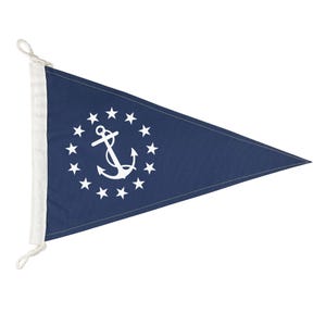 May include: A navy blue pennant flag with a white anchor surrounded by a circle of white stars. The flag has a white border and a rope for hanging. Nautical theme.