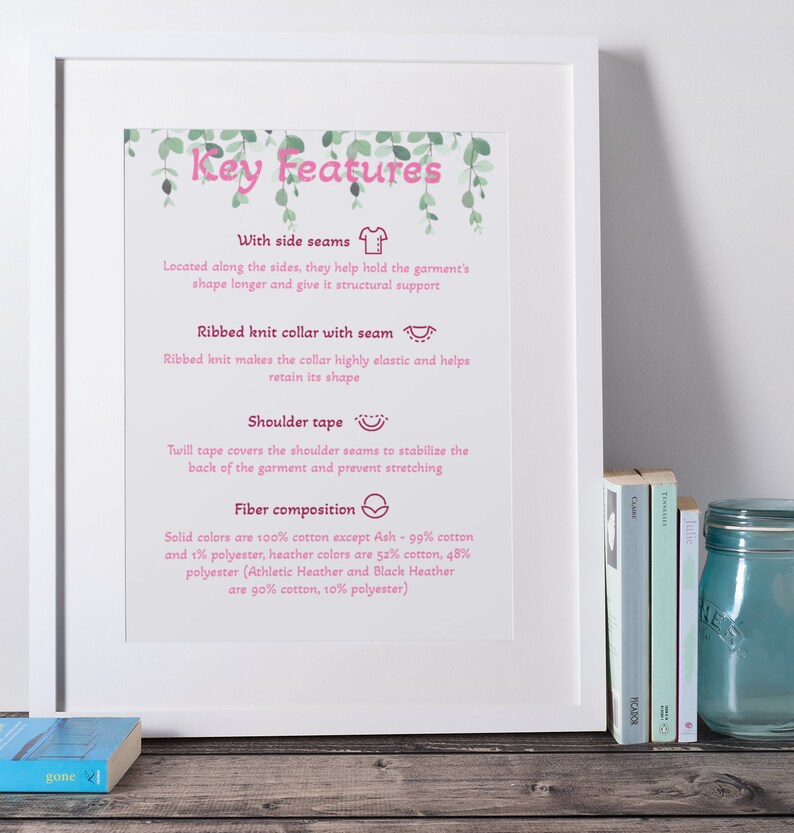 May include: A white framed poster with the title "Key Features" in pink text. The poster lists the features of a t-shirt, including side seams, ribbed knit collar with seam, shoulder tape, and fiber composition. The poster includes illustrations of a t-shirt, a collar, and a shoulder seam.