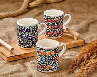 Turkish Hand painted Pottery Mug, 11oz Large Ceramic Coffee Cups, Herbal Tea Mug, Handmade Clove Design Pottery Mug, Handmade Gift for Mom