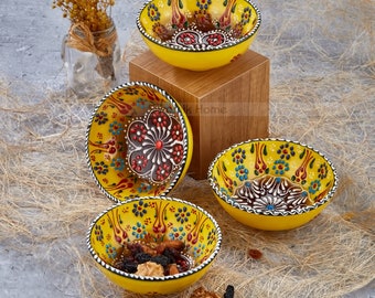 4x Turkish Ceramic Bowls, Hand Painted Turkish Housewarming Gifts, Handmade ceramic Pasta and Cereal Bowl Set, Gifts for Mom, 4.7&quot;-12cm