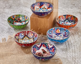 6x Turkish Hand Painted Ceramic Offering Bowl, Ceramic Breakfast Serving Set, 4.7" Pinch Bowl, Handmade Ceramic Ramen Bowl, Dinnerware Set