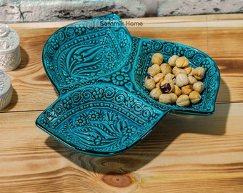 Handmade Ceramic Snack Platter, Turkish Ceramic Offering Bowl, Breakfast and Snack Serving Platter, Divided Serving Dish, Pottery Tray