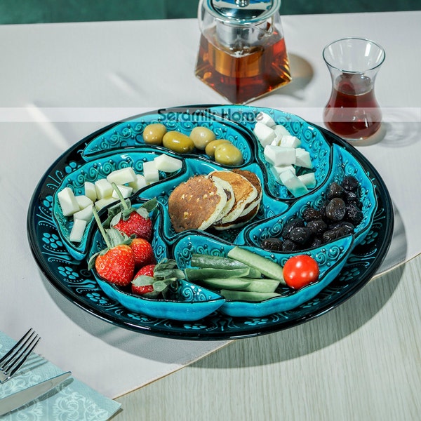 Teal Ceramic Snack Serving Set, Handmade Turkish Platter, Pottery Bowl and Plate, Large Ceramic Dinner Set or Breakfast Set, Dining Set Gift