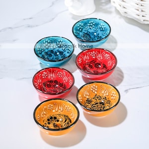 Ceramic Bowls Set of 6, Handmade Turkish Ceramic Bowl, Floral Patterned Bowls, Tapas Meze Snack Turkish Pottery Tile Gift for Housewarming