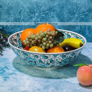 11.8" Large Ceramic Fruit Bowl, Hand Painted Colorful Salad Bowl, Decorative Bowl, Lotus Bowl, Offering Bowl, Turkish Handmade Ceramic Bowl