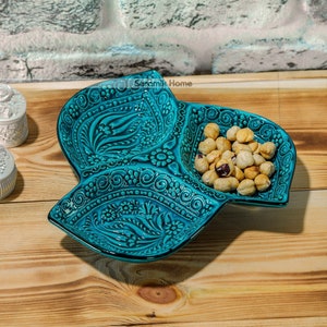 Handgefertigte Keramik-Snackplatte, türkische Keramik-Opferschale, Frühstücks- und Snack-Servierplatte, geteilte Servierschale, Töpfertablett