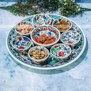 Rustic Ottaman Tray and Bowl Set, Hand Painted Turkish Ceramic Serving Set, Dinnerware Set, Breakfast and Snack Set, 13&quot; Tray and Small Bowl