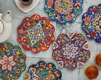 Ceramic 7" Trivet for Hot Dishes, Decorative Handmade Turkish Tile Coaster, Heat Resistant Pot Trivets, Colourful Christmas Gift for Mom