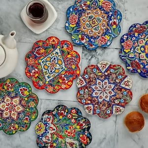 Ceramic 7&quot; Trivet for Hot Dishes, Decorative Handmade Turkish Tile Coaster, Heat Resistant Pot Trivets, Colourful Christmas Gift for Mom