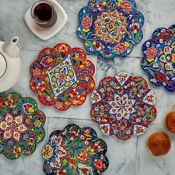 Ceramic 7" Trivet for Hot Dishes, Decorative Handmade Turkish Tile Coaster, Heat Resistant Pot Trivets, Colourful Christmas Gift for Mom