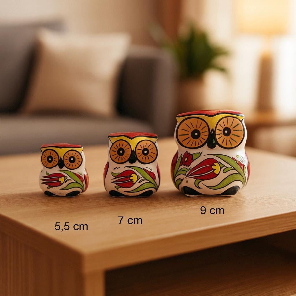 手作りトルコ陶器フクロウの置物3個セット - カラフルな手描きの陶器