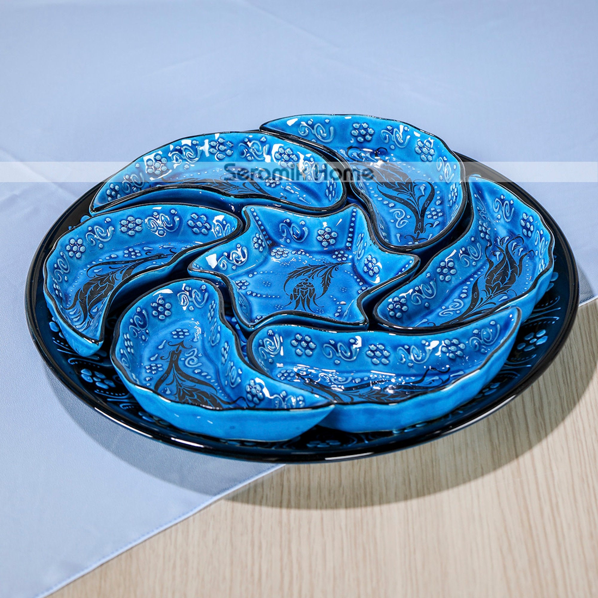 Teal Ceramic Snack Serving Set, Handmade Turkish Platter