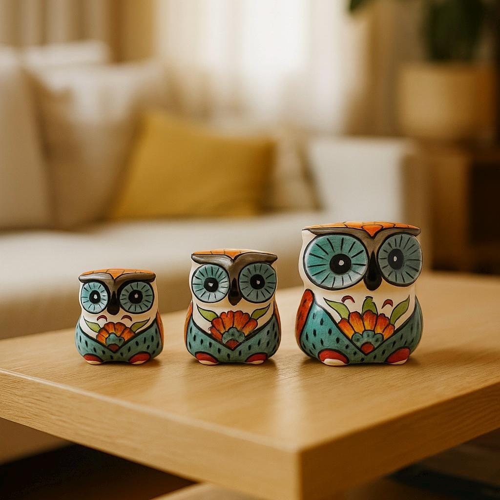 手作りトルコ陶器フクロウの置物3個セット - カラフルな手描きの陶器