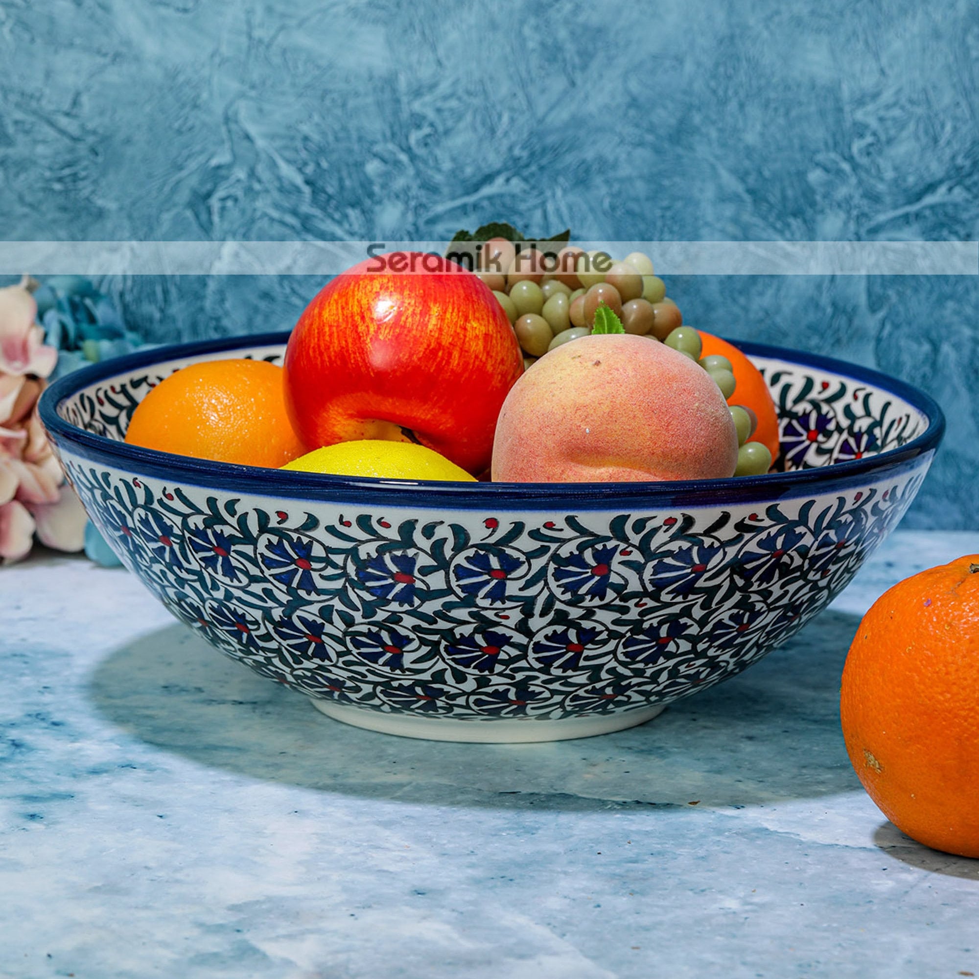 Handmade Ceramic Fruit Bowl: Large Turkish Salad Bowl With Floral