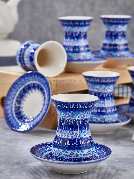 6x Turkish Ceramic Tea Cups and 6x Saucers, Handmade Ceramic