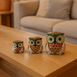 手作りトルコ陶器フクロウの置物3個セット - カラフルな手描きの陶器