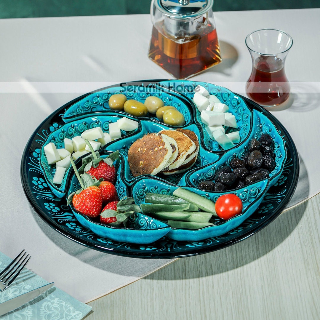 Teal Keramik Snack Servier Set handgemachte turkische Servierplatte Keramik Schale und Teller groBe Keramik Abendessen Oder Fruhstuck Set