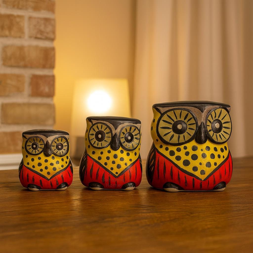 手作りトルコ陶器フクロウの置物3個セット - カラフルな手描きの陶器