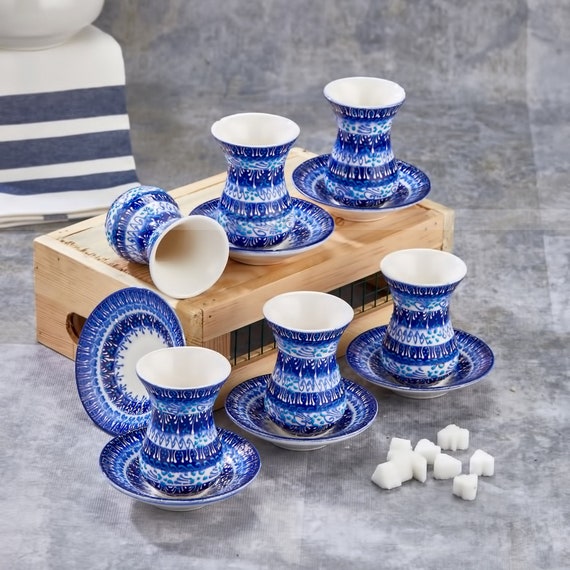 6x Turkish Ceramic Tea Cups and 6x Saucers, Handmade Ceramic