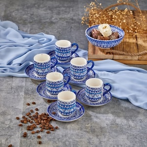 13 pcs Turkish Ceramic Coffee Set, Handmade Pottery Greek Coffee Set, Espresso Cups and Saucers with Bowl Gift, Blue Turkish Coffee Cup