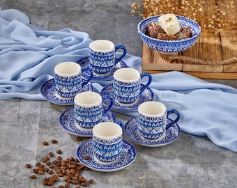 13 ピース トルコ陶器コーヒーセット、手作り陶器ギリシャコーヒー