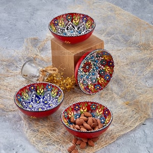 4x Decorative Ceramic Bowls 4.7&quot;, Handmade Turkish Ceramic, Small Ceramic Serving Bowl Set, Red Snack Bowl, Meze Bowls, 12cm Red Tapas Bowl
