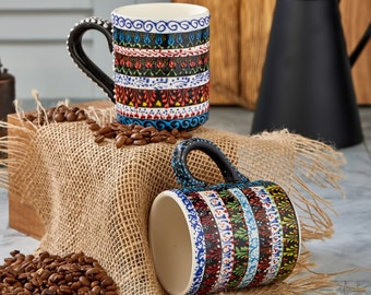 Handmade Ceramic Colourful Mug, Food-Safe & Lead-Free Ceramic Mug, Handcrafted Ceramic Coffee Mug, Vintage Mug, Christmas Gifts for Her