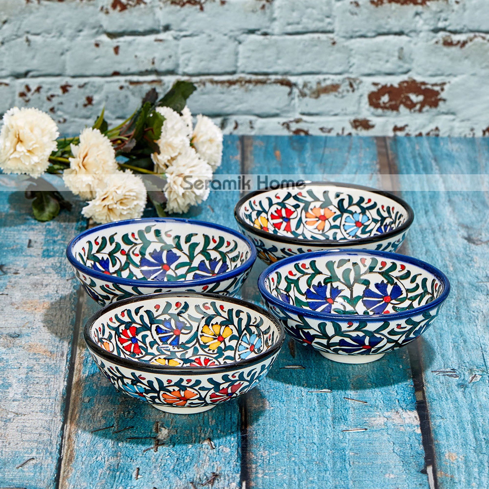 大皿　大盛り皿　孔雀等　3点セット 4x Decorative Turkish Ceramic Bowl Set 3.9'', Salad Bowl Set