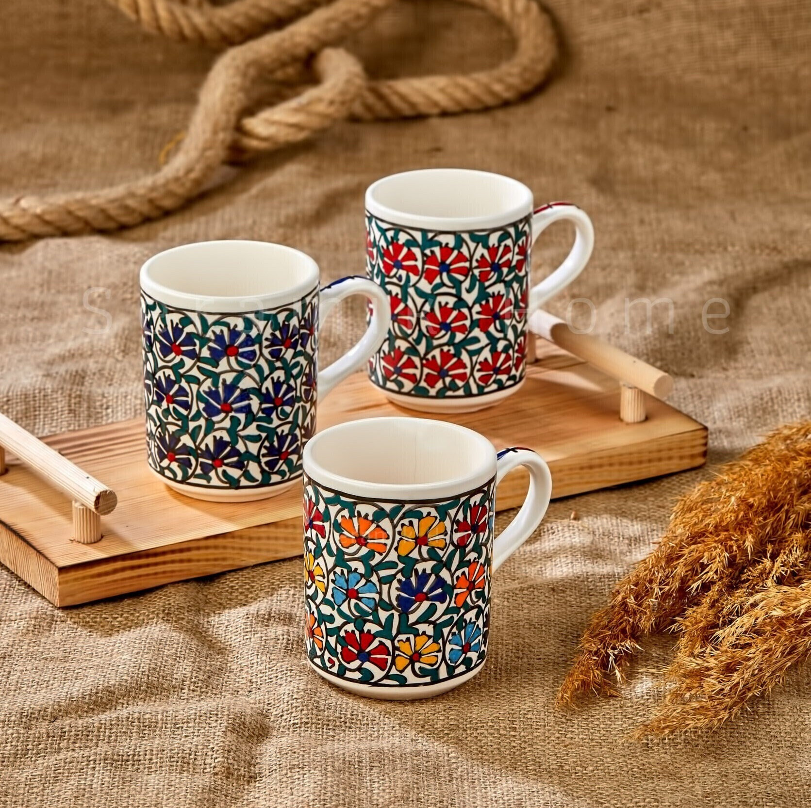 Turkish Hand painted Pottery Mug, 11oz Large Ceramic Coffee Cups, Herbal Tea Mug, Handmade Clove Design Pottery Mug, Handmade Gift for Mom