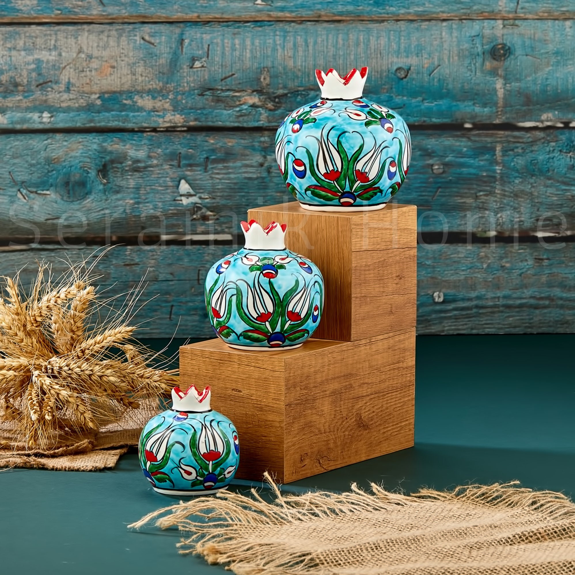 Multisize Ceramic Pomegranate Bud Vase, Handmade Pottery Bookshelf Decor, Hand painted Ceramic Pomegranate Trinket, Tulip Pattern Home Decor