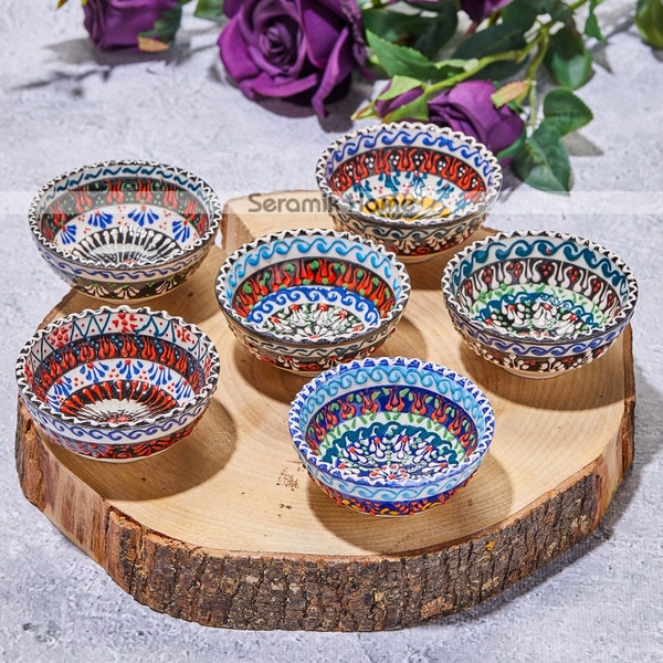 6pcs Ceramic Small Bowl Set for Serving Breakfast, Turkish Handmade Ceramic Embossed Design Bowl Set, 3,14" Colorful Ethnic Pottery Bowl