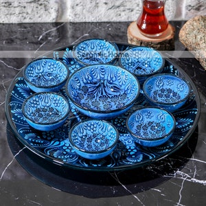 Kitchen Serving Set, Hand Painted Turkish Ceramic Breakfast Set, Bowls and Tray, Ceramic Dinnerware, Tapas Bowl Set, Mezze Serving Set