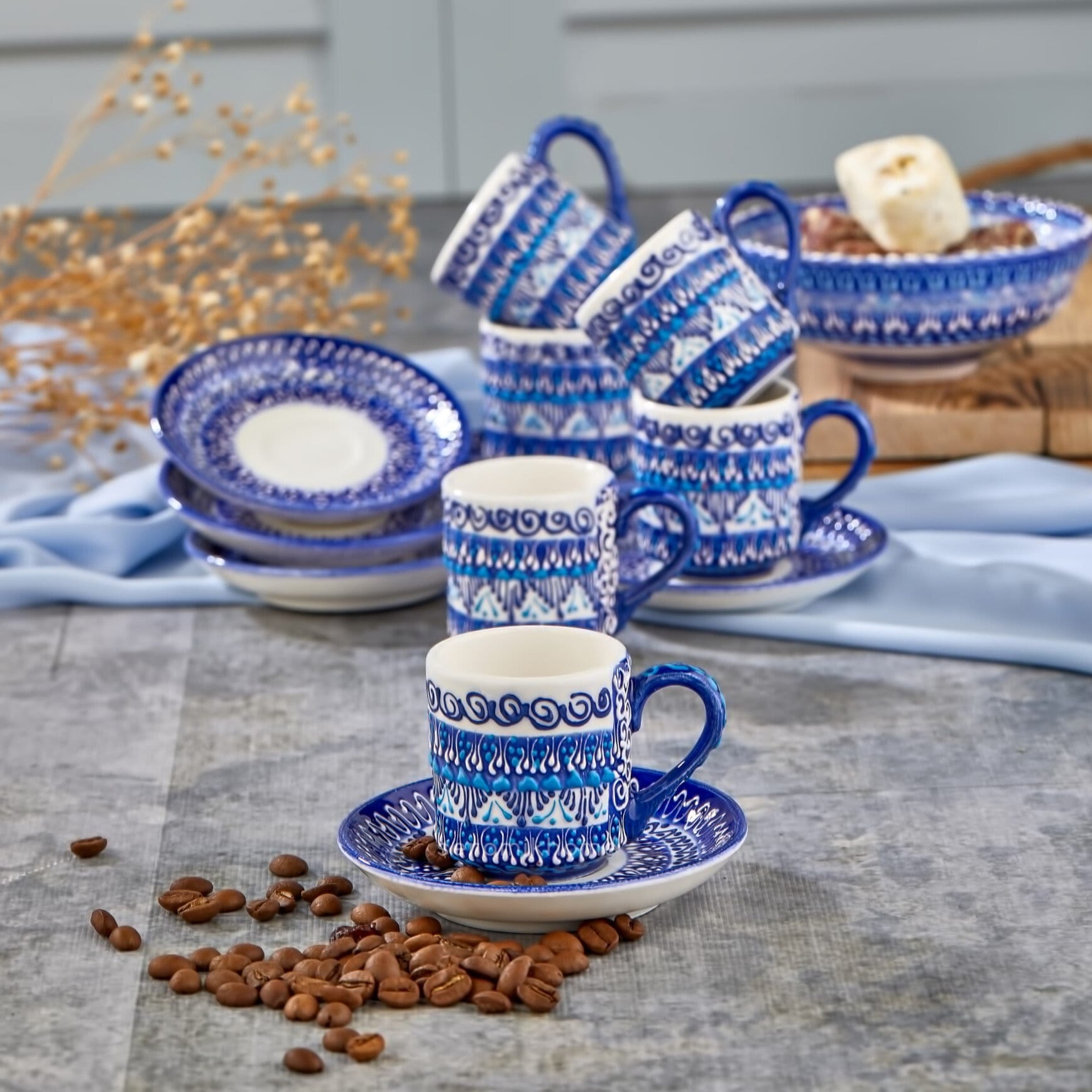 トルキスタンセラミック（陶器皿） 13 Pcs Turkish Ceramic Coffee Set, Handmade Pottery Greek