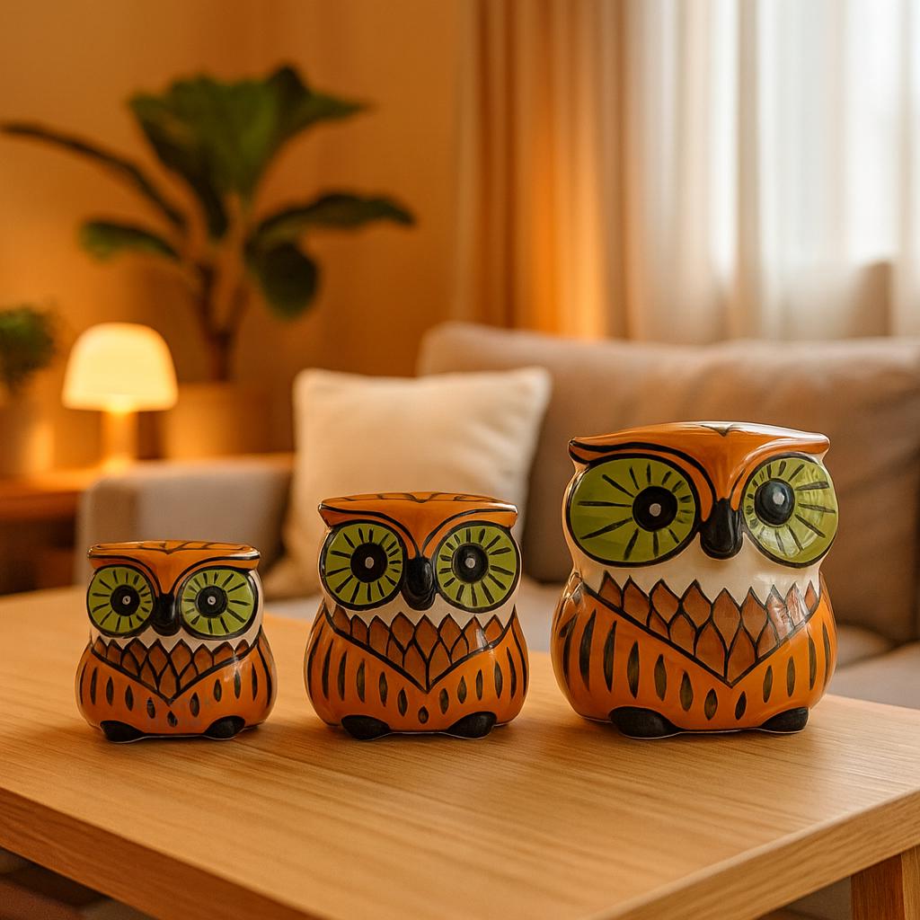 手作りトルコ陶器フクロウの置物3個セット - カラフルな手描きの陶器
