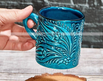 Handmade Ceramic Turquoise Mug, 11 oz Turkish Pottery Mug with Handle, Handcrafted Ceramic Coffee Mug, Free Shipping for 2 Mugs or More