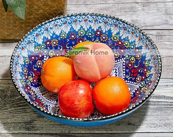 11.8" Turkish Hand Painted Ceramic Fruit Bowl, Offering Salad Bowl, Big Serving Bowl, Handmade Pottery Bowl, 30cm Large Colourful Fruit Bowl