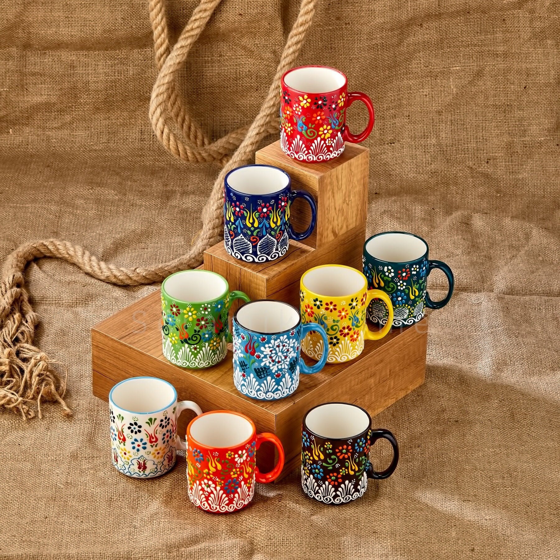 手描きアートの陶器製マグカップ チュニジア・ナブール陶器 POTTERY SLAMA スラマ陶器 手描き