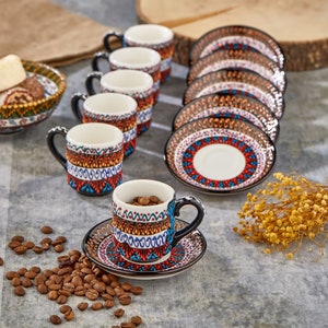 6x Espressotasse mit Untere Set, Türkische handgemachte Keramik Kaffee Set, Kaffee Servier set mit Schüssel Geschenk, Traditionelle osmanische Kaffee Set